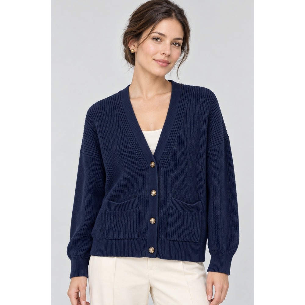 J.Crew Re-Imagined Cotton Cashmere Ribbed V-Neck Cardigan Sweater Small Navy
